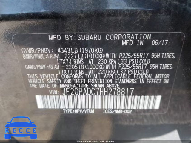 2017 SUBARU CROSSTREK 2.0I PREMIUM JF2GPADC7HH278817 image 8