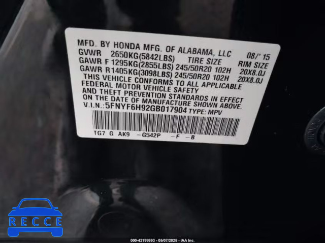 2016 HONDA PILOT TOURING 5FNYF6H92GB017904 image 8