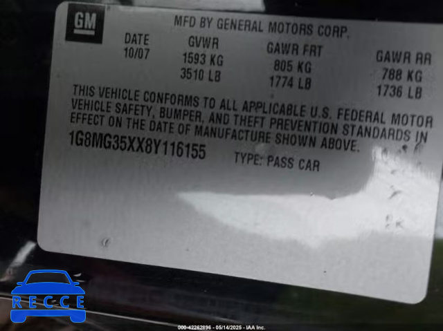 2008 SATURN SKY RED LINE 1G8MG35XX8Y116155 image 8