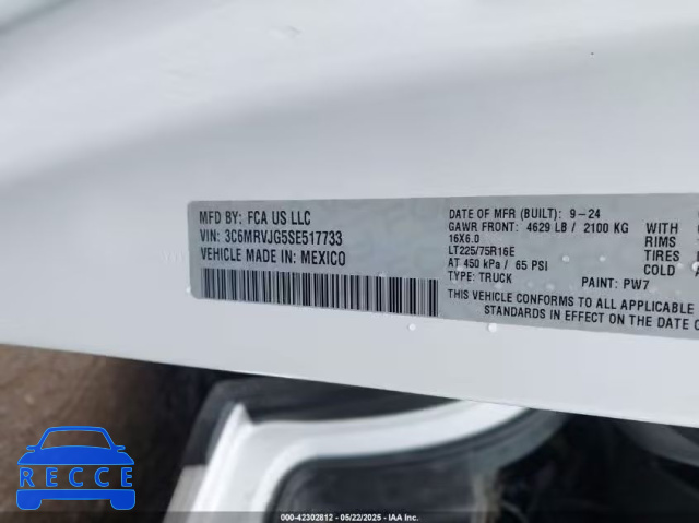 2025 RAM PROMASTER 3500 CARGO VAN TRADESMAN HIGH ROOF 159 WB EXT 3C6MRVJG5SE517733 image 8