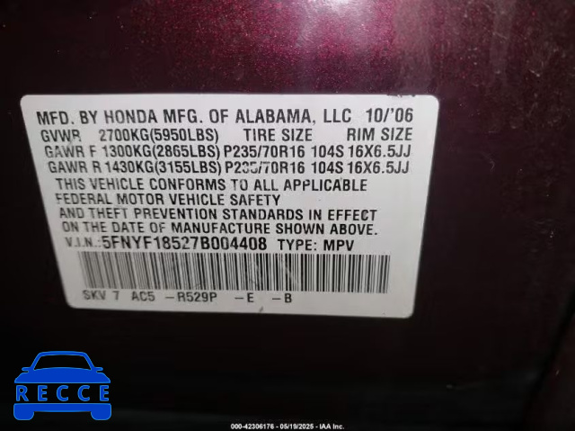 2007 HONDA PILOT EX-L 5FNYF18527B004408 image 8