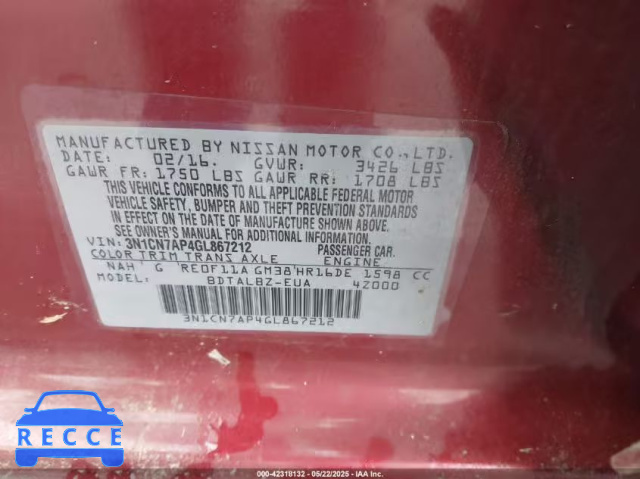 2016 NISSAN VERSA 1.6 S/1.6 S+/1.6 SL/1.6 SV 3N1CN7AP4GL867212 image 8