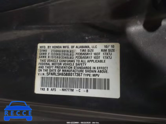 2011 HONDA ODYSSEY EX-L 5FNRL5H65BB017367 image 8