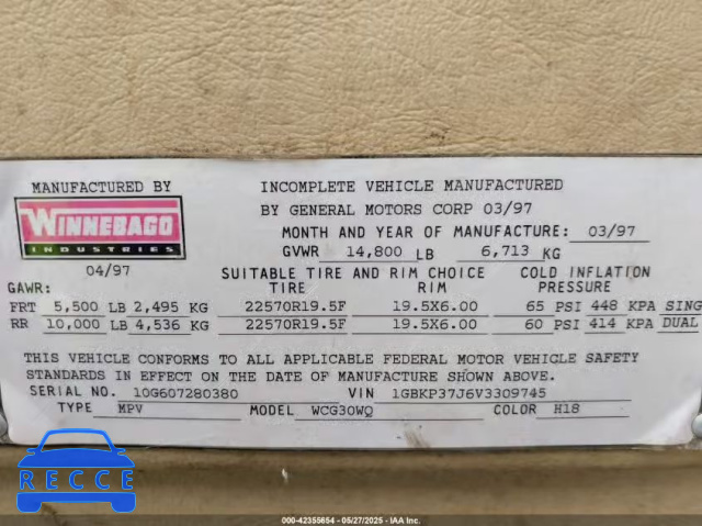 1997 CHEVROLET P30 1GBKP37J6V3309745 image 8