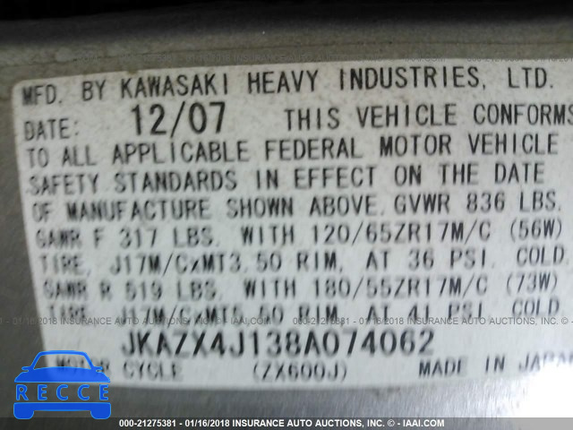 2008 KAWASAKI ZX600 J1 JKAZX4J138A074062 image 9