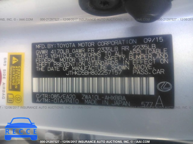 2016 LEXUS CT 200 JTHKD5BH8G2257157 зображення 8