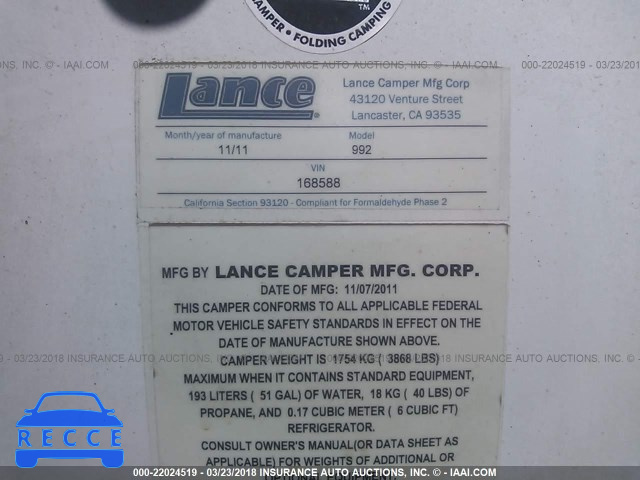 2012 LANCE 992 CAMPER 168588 image 8