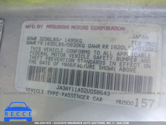 2002 MITSUBISHI MIRAGE DE JA3AY11A52U058643 image 8