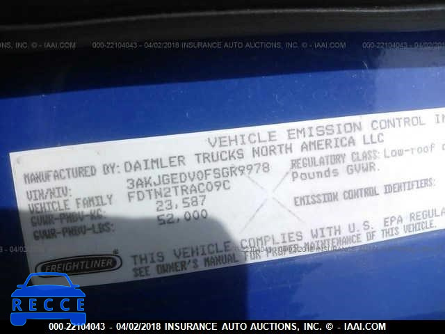 2015 FREIGHTLINER CASCADIA 125 3AKJGEDV0FSGR9978 image 9