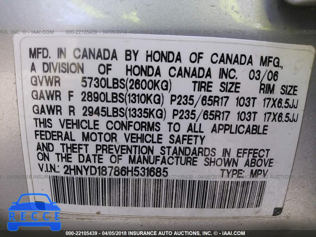 2006 ACURA MDX TOURING 2HNYD18786H531685 image 8