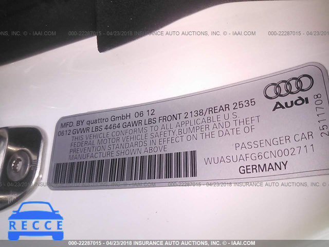 2012 AUDI R8 4.2 QUATTRO WUASUAFG6CN002711 image 8