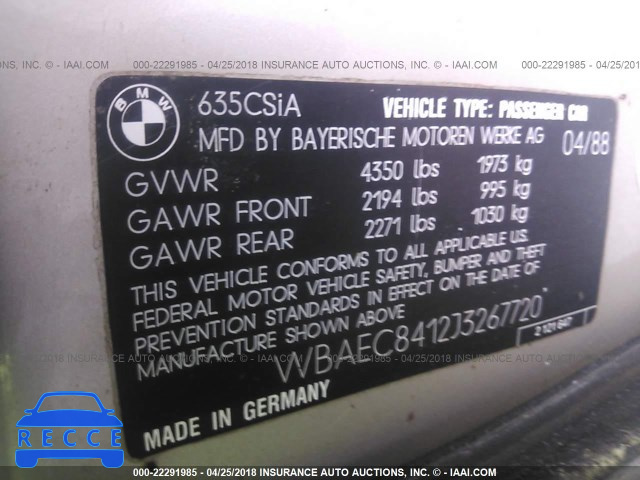 1988 BMW 635 CSI AUTOMATICATIC WBAEC8412J3267720 зображення 8