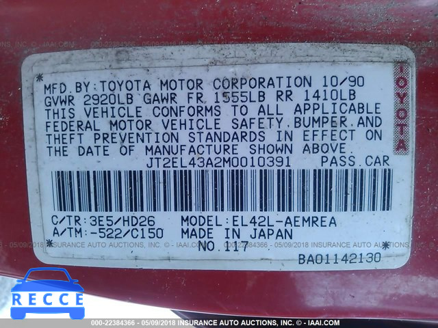 1991 TOYOTA TERCEL DELUXE JT2EL43A2M0010391 зображення 8