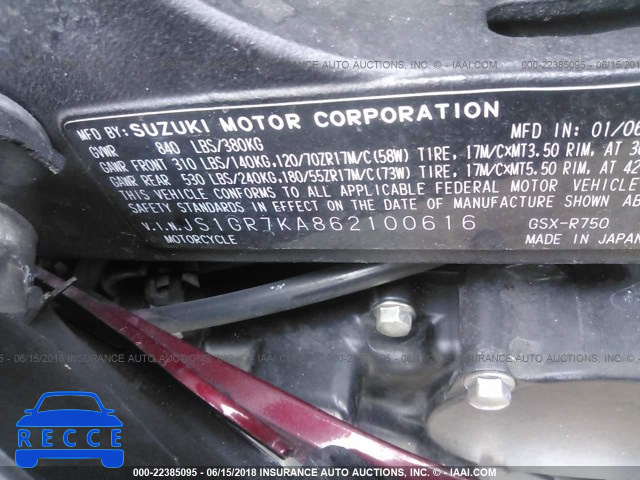 2006 SUZUKI GSX-R750 K6 JS1GR7KA862100616 image 9