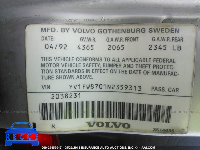 1992 VOLVO 740 YV1FW8701N2359313 image 8