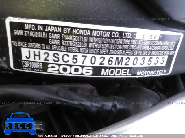 2006 HONDA CBR1000 RR JH2SC57026M203533 зображення 9