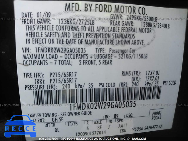 2009 FORD TAURUS X SEL 1FMDK02W29GA05035 image 8