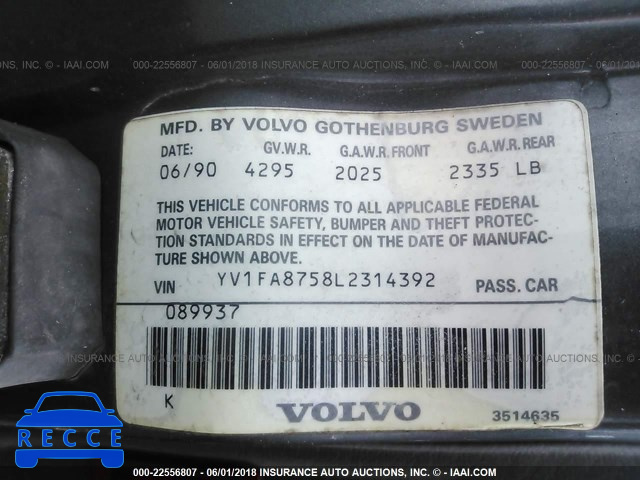 1990 VOLVO 740 YV1FA8758L2314392 зображення 8