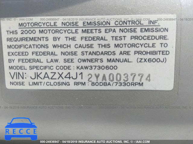 2000 KAWASAKI ZX600 J1 JKAZX4J12YA003774 зображення 9