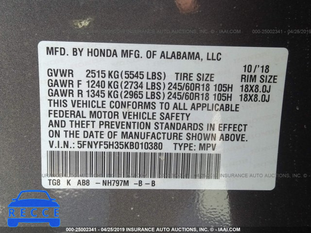 2019 HONDA PILOT EX 5FNYF5H35KB010380 зображення 8