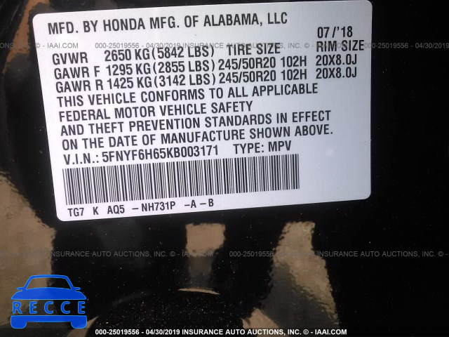 2019 HONDA PILOT TOURING 5FNYF6H65KB003171 image 8