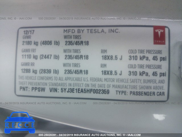 2017 TESLA MODEL 3 5YJ3E1EA5HF002359 зображення 8