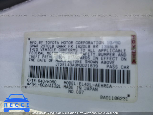 1991 TOYOTA TERCEL DELUXE JT2EL43A9M0021839 image 8