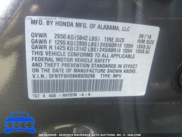 2019 HONDA PILOT EXL 5FNYF6H59KB026296 image 8