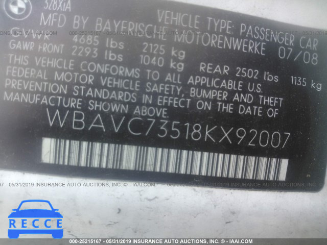 2008 BMW 328 XI SULEV WBAVC73518KX92007 image 8