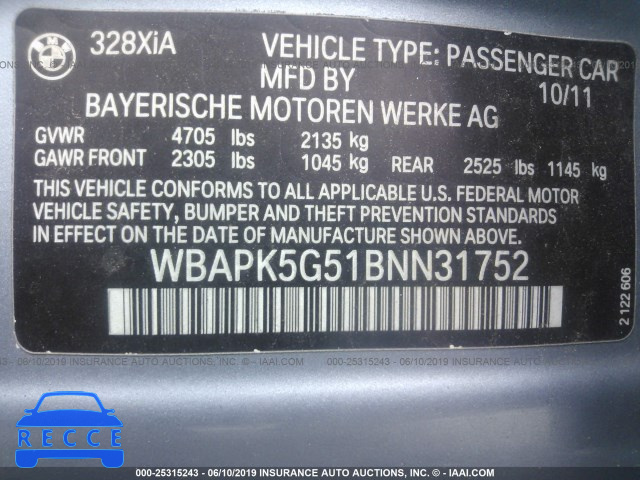 2011 BMW 328 XI SULEV WBAPK5G51BNN31752 Bild 8