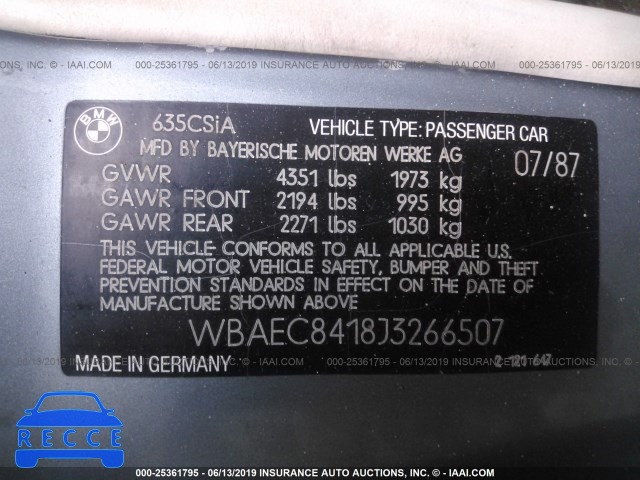 1988 BMW 635 CSI AUTOMATICATIC WBAEC8418J3266507 зображення 7