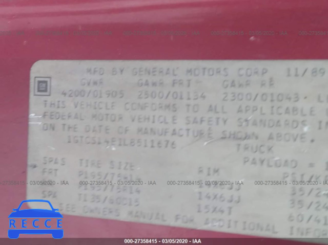 1990 GMC S TRUCK S15 1GTCS14E1L8511676 image 8