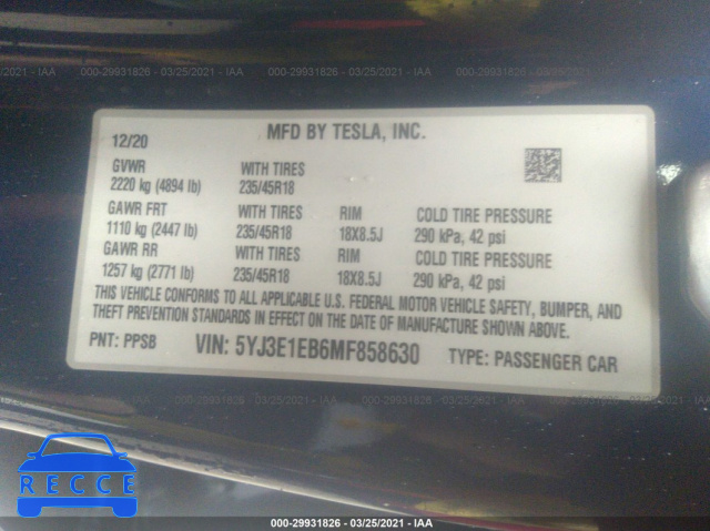 2021 TESLA MODEL 3 LONG RANGE 5YJ3E1EB6MF858630 image 8