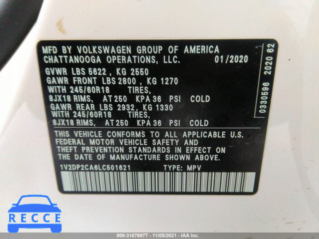 2020 VOLKSWAGEN ATLAS 2.0T SE 1V2DP2CA6LC501621 image 8