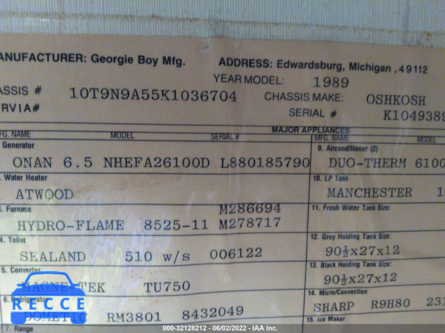1989 OSHKOSH MOTOR TRUCK CO. CONVENTIONAL V 10T9N9A55K1036704 image 8