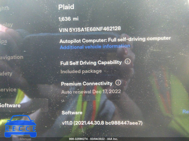 2022 TESLA MODEL S PLAID 5YJSA1E68NF462128 зображення 6