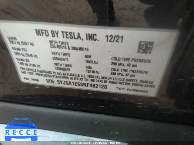 2022 TESLA MODEL S PLAID 5YJSA1E68NF462128 зображення 8