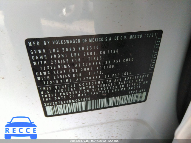 2022 VOLKSWAGEN TIGUAN SE 3VV2B7AX9NM055690 image 8
