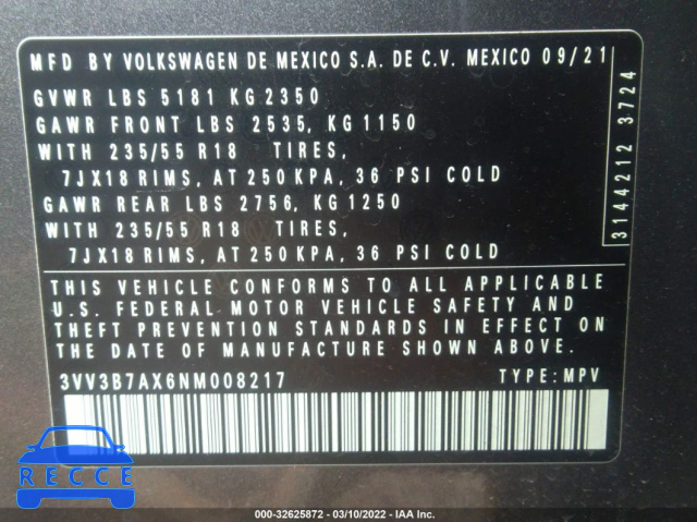 2022 VOLKSWAGEN TIGUAN SE 3VV3B7AX6NM008217 Bild 8