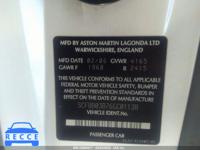 2006 ASTON MARTIN VANTAGE SCFBB03B76GC01138 image 8
