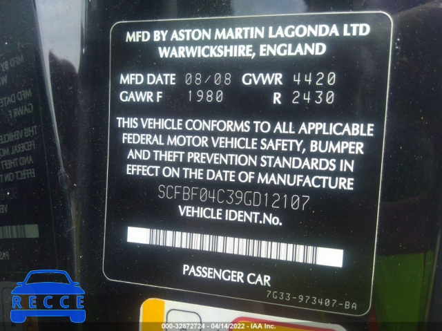 2009 ASTON MARTIN VANTAGE SCFBF04C39GD12107 image 8