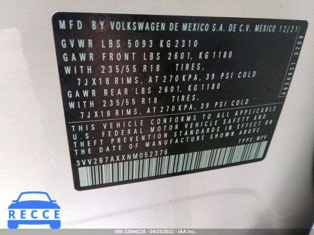 2022 VOLKSWAGEN TIGUAN SE 3VV2B7AXXNM052376 image 8