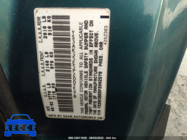 1993 SAAB 900 S YS3AK35E5P2002578 image 8