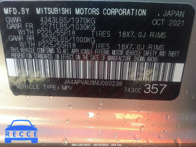 2022 MITSUBISHI OUTLANDER SPORT SE JA4APVAU8NU000238 image 8