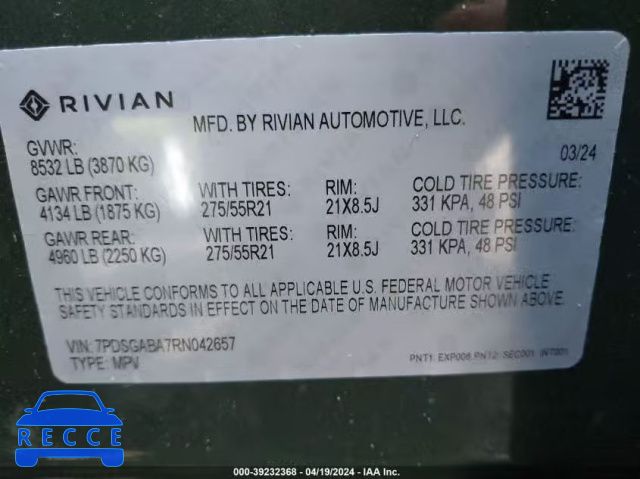 2024 RIVIAN R1S ADVENTURE QUAD MOTOR LARGE PACK 7PDSGABA7RN042657 зображення 8