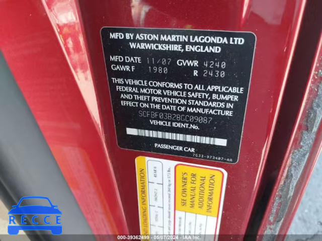 2008 ASTON MARTIN V8 VANTAGE SCFBF03B28GC09087 image 8
