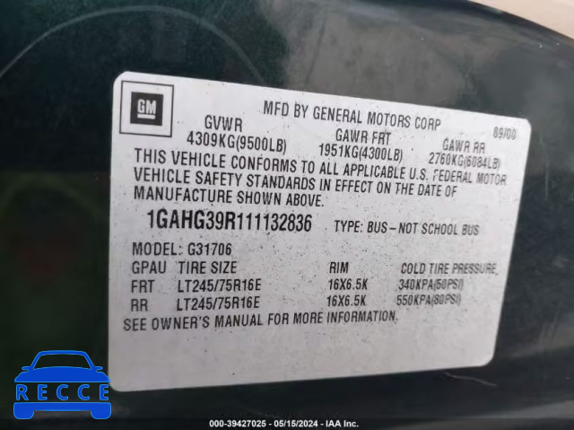 2001 CHEVROLET EXPRESS 1GAHG39R111132836 image 8