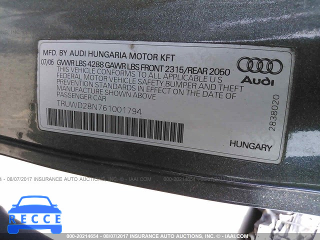 2006 AUDI TT 3.2 QUATTRO TRUWD28N761001794 Bild 7