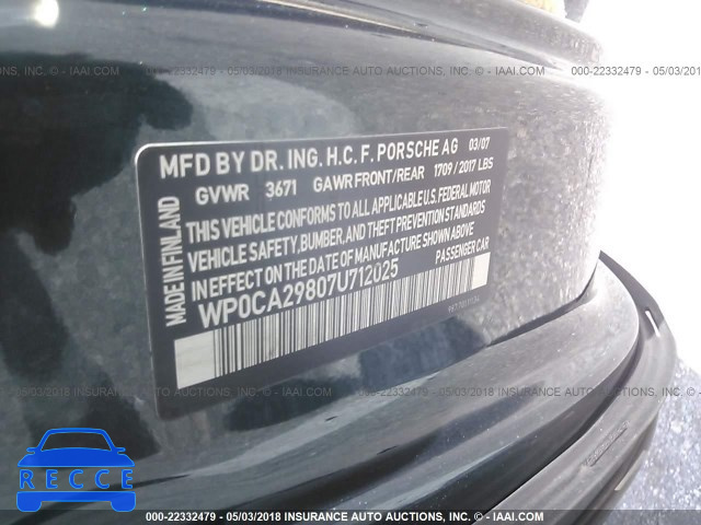 2007 PORSCHE BOXSTER WP0CA29807U712025 зображення 8