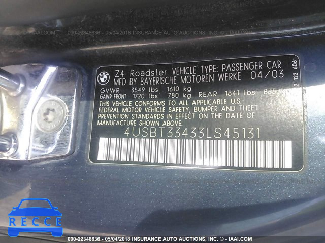 2003 BMW Z4 2.5 4USBT33433LS45131 image 8